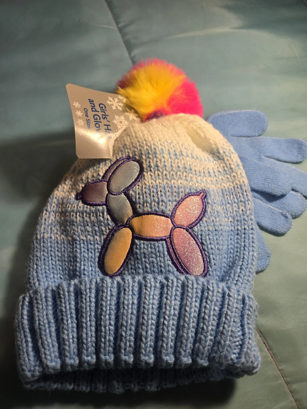 Girls' Light Blue Knit Beanie with Colorful Pom-Pom and Balloon Dog Patch